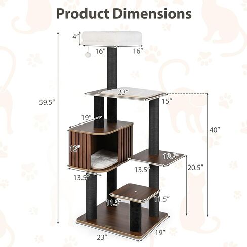 PETSITE 59.5 Inches Modern Cat Tree, Multi-Level Cat Tower with Scratching Posts, Large Condo with Removable Pad, Cushioned Soft Top Perch, and Interactive Dangling Ball (Brown) in Kuwait