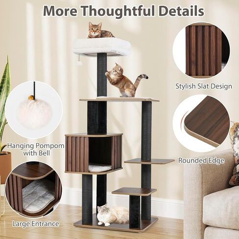 PETSITE 59.5 Inches Modern Cat Tree, Multi-Level Cat Tower with Scratching Posts, Large Condo with Removable Pad, Cushioned Soft Top Perch, and Interactive Dangling Ball (Brown) in Kuwait