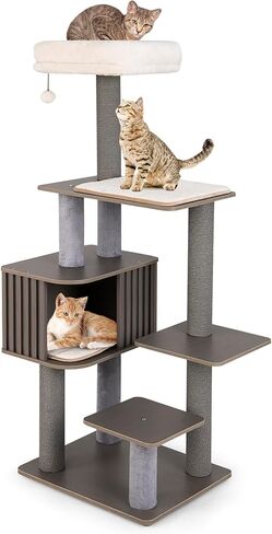PETSITE 59.5 Inches Modern Cat Tree, Multi-Level Cat Tower with Scratching Posts, Large Condo with Removable Pad, Cushioned Soft Top Perch, and Interactive Dangling Ball (Brown) in Kuwait