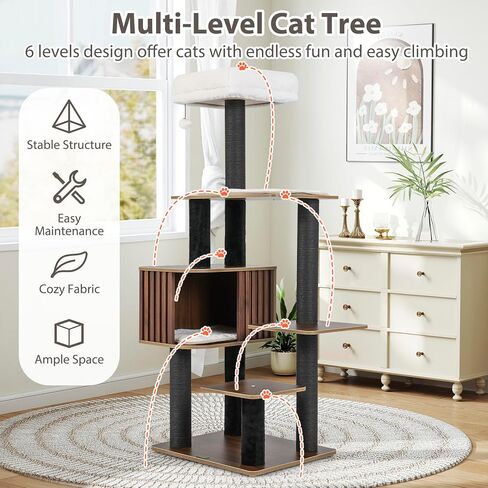 PETSITE 59.5 Inches Modern Cat Tree, Multi-Level Cat Tower with Scratching Posts, Large Condo with Removable Pad, Cushioned Soft Top Perch, and Interactive Dangling Ball (Brown) in Kuwait