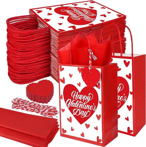 24 Pcs Valentine's Day Paper Gift Bags with Tissues and Tags Red Hearts Gifts Wrapping Bag Valentines Day Goodies Treat Bags for Valentines Wedding Anniversary Birthday Party Gift Exchange Supplies in Saudi Arabia