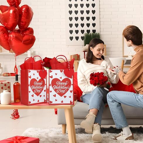 24 Pcs Valentine's Day Paper Gift Bags with Tissues and Tags Red Hearts Gifts Wrapping Bag Valentines Day Goodies Treat Bags for Valentines Wedding Anniversary Birthday Party Gift Exchange Supplies in Saudi Arabia