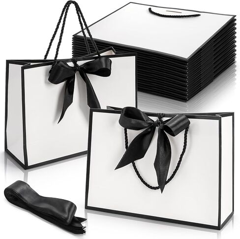 Tebery 30 Pack Gift Bags with Handle, Medium Thank you Paper Bag Bulk with Bow Ribbon, White and Black Wrap Bags for Valentine's Day Party Wedding Bridesmaid Birthday Graduation Housewarming, 11 x 3.9 x 7.8 Inch in Saudi Arabia