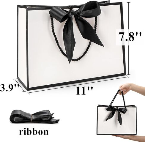 Tebery 30 Pack Gift Bags with Handle, Medium Thank you Paper Bag Bulk with Bow Ribbon, White and Black Wrap Bags for Valentine's Day Party Wedding Bridesmaid Birthday Graduation Housewarming, 11 x 3.9 x 7.8 Inch in Saudi Arabia