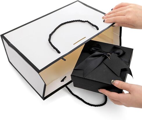 Tebery 30 Pack Gift Bags with Handle, Medium Thank you Paper Bag Bulk with Bow Ribbon, White and Black Wrap Bags for Valentine's Day Party Wedding Bridesmaid Birthday Graduation Housewarming, 11 x 3.9 x 7.8 Inch in Saudi Arabia