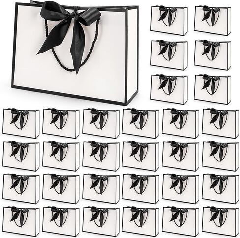 Tebery 30 Pack Gift Bags with Handle, Medium Thank you Paper Bag Bulk with Bow Ribbon, White and Black Wrap Bags for Valentine's Day Party Wedding Bridesmaid Birthday Graduation Housewarming, 11 x 3.9 x 7.8 Inch in Saudi Arabia