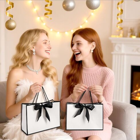 Tebery 30 Pack Gift Bags with Handle, Medium Thank you Paper Bag Bulk with Bow Ribbon, White and Black Wrap Bags for Valentine's Day Party Wedding Bridesmaid Birthday Graduation Housewarming, 11 x 3.9 x 7.8 Inch in Saudi Arabia
