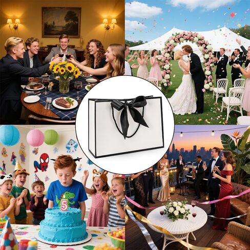 Tebery 30 Pack Gift Bags with Handle, Medium Thank you Paper Bag Bulk with Bow Ribbon, White and Black Wrap Bags for Valentine's Day Party Wedding Bridesmaid Birthday Graduation Housewarming, 11 x 3.9 x 7.8 Inch in Saudi Arabia