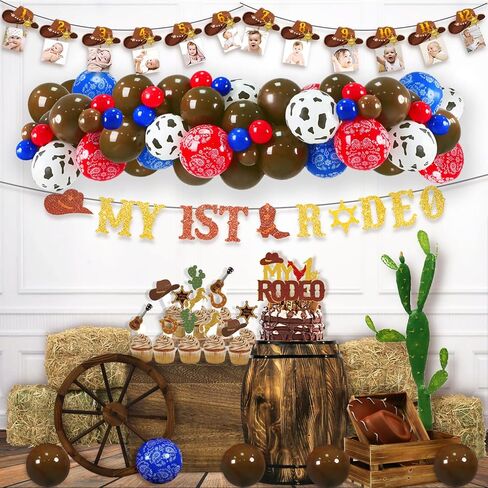 زينة عيد ميلاد ماي فيرست روديو، زينة بطابع هومباي Western Cowboy First Birthday، لافتة صور 1st لتزيين الكيك والكب كيك، مجموعة قوس إكليل بالونات in Kuwait
