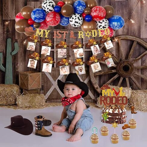 زينة عيد ميلاد ماي فيرست روديو، زينة بطابع هومباي Western Cowboy First Birthday، لافتة صور 1st لتزيين الكيك والكب كيك، مجموعة قوس إكليل بالونات in Kuwait