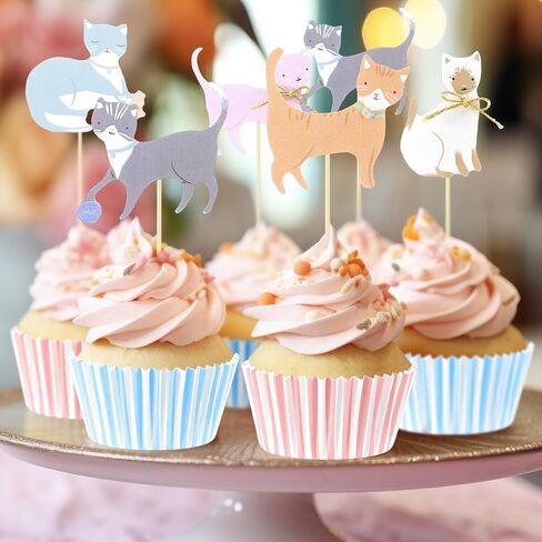 Vesici 48 Pcs Cute Kitten Cupcake Kit Include 24 Cat Cupcake Toppers and 24 Blue Pink Cake Liners Kitten Pet Themed Party Supplies for Birthday Pet Adoption Party Decorations in Saudi Arabia