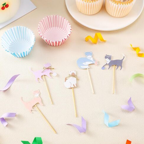 Vesici 48 Pcs Cute Kitten Cupcake Kit Include 24 Cat Cupcake Toppers and 24 Blue Pink Cake Liners Kitten Pet Themed Party Supplies for Birthday Pet Adoption Party Decorations in Saudi Arabia