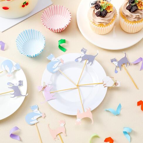 Vesici 48 Pcs Cute Kitten Cupcake Kit Include 24 Cat Cupcake Toppers and 24 Blue Pink Cake Liners Kitten Pet Themed Party Supplies for Birthday Pet Adoption Party Decorations in Saudi Arabia