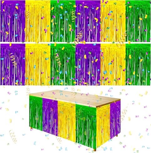 codree 4 PCS Mardi Gras Party Table Skirt-29 x 109 Inch Mardi Gras Metallic Fringe Table Skirts-Purple Gold Green Tinsel Foil Fringe Decoration for Mardi Gras Holiday New Orleans Masquerade Party in Saudi Arabia