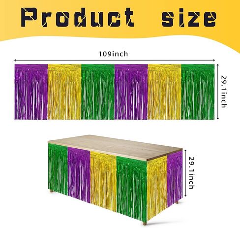 codree 4 PCS Mardi Gras Party Table Skirt-29 x 109 Inch Mardi Gras Metallic Fringe Table Skirts-Purple Gold Green Tinsel Foil Fringe Decoration for Mardi Gras Holiday New Orleans Masquerade Party in Saudi Arabia