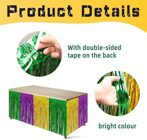 codree 4 PCS Mardi Gras Party Table Skirt-29 x 109 Inch Mardi Gras Metallic Fringe Table Skirts-Purple Gold Green Tinsel Foil Fringe Decoration for Mardi Gras Holiday New Orleans Masquerade Party in Saudi Arabia