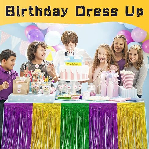codree 4 PCS Mardi Gras Party Table Skirt-29 x 109 Inch Mardi Gras Metallic Fringe Table Skirts-Purple Gold Green Tinsel Foil Fringe Decoration for Mardi Gras Holiday New Orleans Masquerade Party in Saudi Arabia