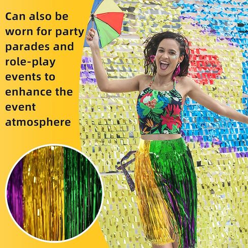 codree 4 PCS Mardi Gras Party Table Skirt-29 x 109 Inch Mardi Gras Metallic Fringe Table Skirts-Purple Gold Green Tinsel Foil Fringe Decoration for Mardi Gras Holiday New Orleans Masquerade Party in Saudi Arabia