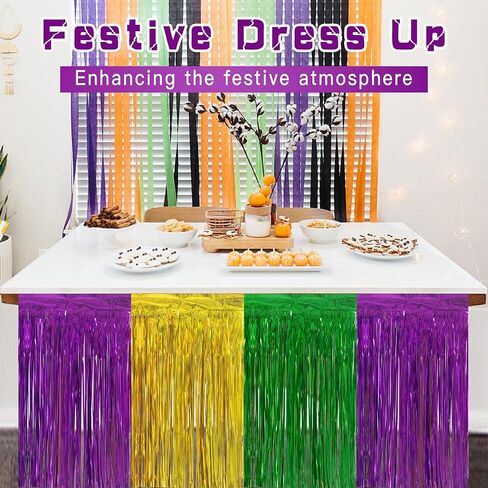 codree 4 PCS Mardi Gras Party Table Skirt-29 x 109 Inch Mardi Gras Metallic Fringe Table Skirts-Purple Gold Green Tinsel Foil Fringe Decoration for Mardi Gras Holiday New Orleans Masquerade Party in Saudi Arabia