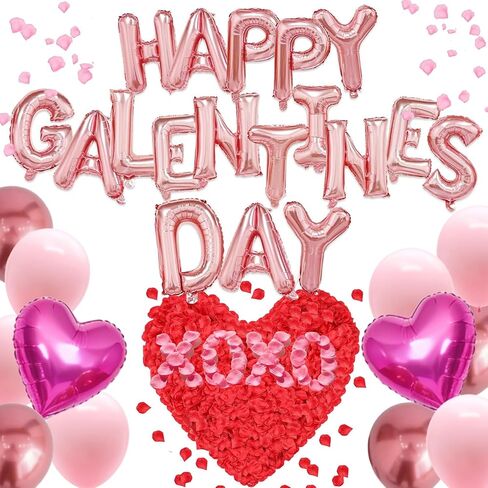 Happy Galentine's Day Balloons Decorations Letters Banner Women Lady 18" Heart Balloons Alphabet Foil Mylar Balloons with 1375 Pcs Artificial Rose Petals for Valentines Day Decor Photo Prop in Saudi Arabia
