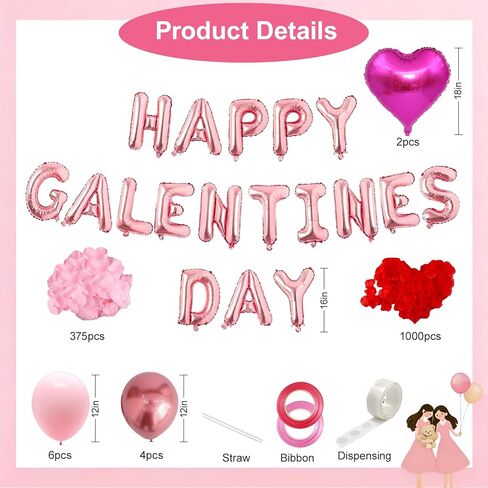 Happy Galentine's Day Balloons Decorations Letters Banner Women Lady 18" Heart Balloons Alphabet Foil Mylar Balloons with 1375 Pcs Artificial Rose Petals for Valentines Day Decor Photo Prop in Saudi Arabia
