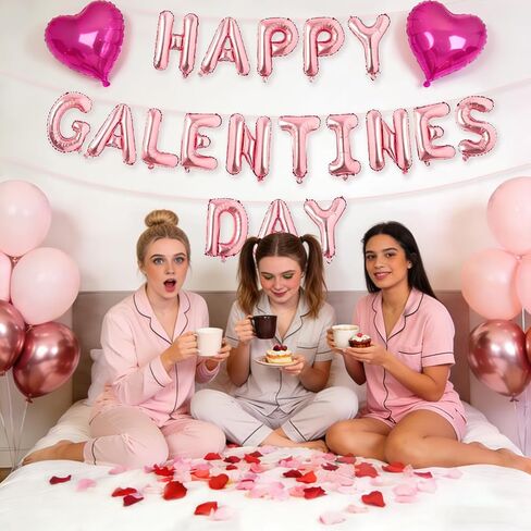 Happy Galentine's Day Balloons Decorations Letters Banner Women Lady 18" Heart Balloons Alphabet Foil Mylar Balloons with 1375 Pcs Artificial Rose Petals for Valentines Day Decor Photo Prop in Saudi Arabia