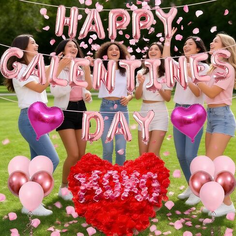 Happy Galentine's Day Balloons Decorations Letters Banner Women Lady 18" Heart Balloons Alphabet Foil Mylar Balloons with 1375 Pcs Artificial Rose Petals for Valentines Day Decor Photo Prop in Saudi Arabia