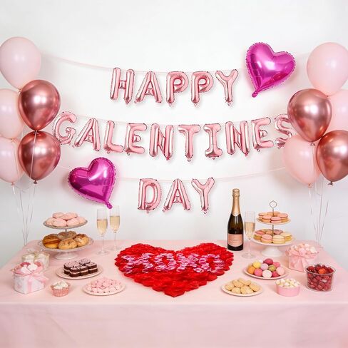Happy Galentine's Day Balloons Decorations Letters Banner Women Lady 18" Heart Balloons Alphabet Foil Mylar Balloons with 1375 Pcs Artificial Rose Petals for Valentines Day Decor Photo Prop in Saudi Arabia
