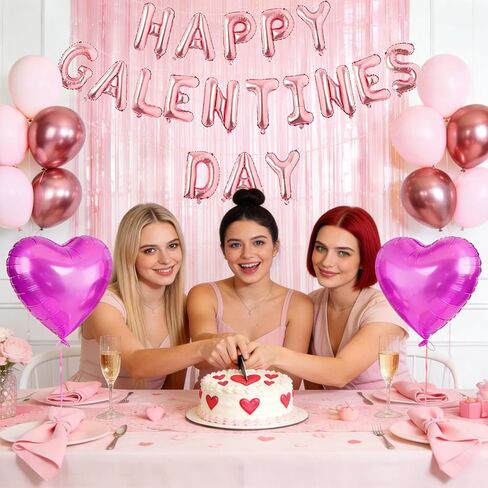 Happy Galentine's Day Balloons Decorations Letters Banner Women Lady 18" Heart Balloons Alphabet Foil Mylar Balloons with 1375 Pcs Artificial Rose Petals for Valentines Day Decor Photo Prop in Saudi Arabia