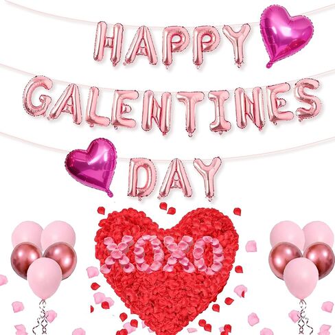 Happy Galentine's Day Balloons Decorations Letters Banner Women Lady 18" Heart Balloons Alphabet Foil Mylar Balloons with 1375 Pcs Artificial Rose Petals for Valentines Day Decor Photo Prop in Saudi Arabia