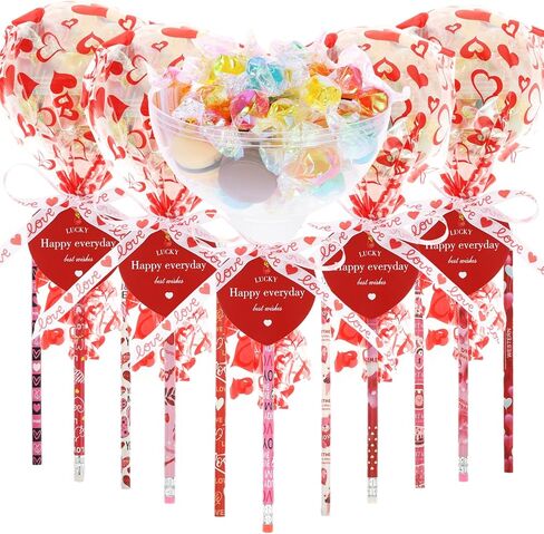 Rainmae Valentines Day Gifts for Kids 24 Pack Giant Lollipop Return Gifts Stationery Set with Heart Shaped Cards Pencil Packaging Ribbon for School Classroom Party Favor Valentine Gift Exchange(Empty) in Saudi Arabia