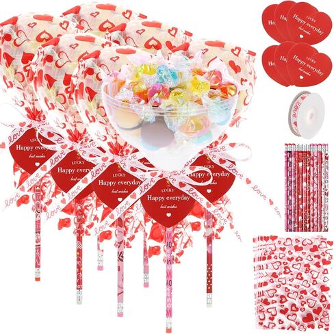 Rainmae Valentines Day Gifts for Kids 24 Pack Giant Lollipop Return Gifts Stationery Set with Heart Shaped Cards Pencil Packaging Ribbon for School Classroom Party Favor Valentine Gift Exchange(Empty) in Saudi Arabia