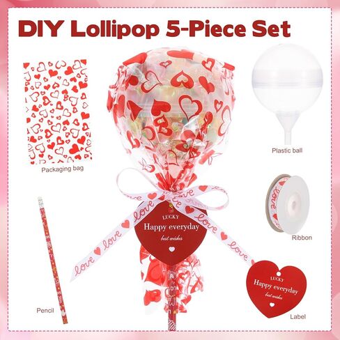 Rainmae Valentines Day Gifts for Kids 24 Pack Giant Lollipop Return Gifts Stationery Set with Heart Shaped Cards Pencil Packaging Ribbon for School Classroom Party Favor Valentine Gift Exchange(Empty) in Saudi Arabia