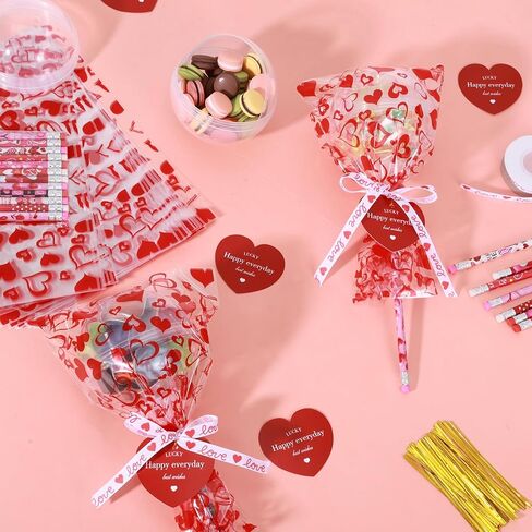 Rainmae Valentines Day Gifts for Kids 24 Pack Giant Lollipop Return Gifts Stationery Set with Heart Shaped Cards Pencil Packaging Ribbon for School Classroom Party Favor Valentine Gift Exchange(Empty) in Saudi Arabia