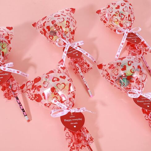 Rainmae Valentines Day Gifts for Kids 24 Pack Giant Lollipop Return Gifts Stationery Set with Heart Shaped Cards Pencil Packaging Ribbon for School Classroom Party Favor Valentine Gift Exchange(Empty) in Saudi Arabia