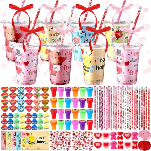 Vesici 323 Pcs Valentine's Day Gifts Bulk Valentines Party Favor Exchange Gift Galentines Supplies with Cup Cards Sticker Pencil Eraser Ruler Stamp (Valentine's Day Style A) in Saudi Arabia