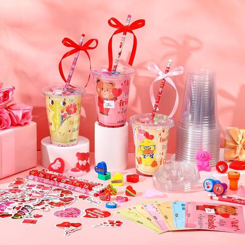Vesici 323 Pcs Valentine's Day Gifts Bulk Valentines Party Favor Exchange Gift Galentines Supplies with Cup Cards Sticker Pencil Eraser Ruler Stamp (Valentine's Day Style A) in Saudi Arabia
