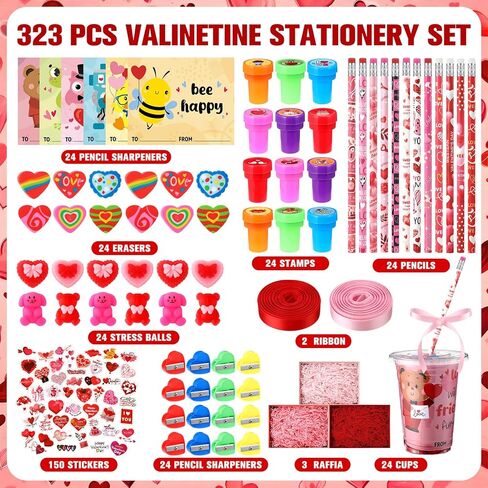 Vesici 323 Pcs Valentine's Day Gifts Bulk Valentines Party Favor Exchange Gift Galentines Supplies with Cup Cards Sticker Pencil Eraser Ruler Stamp (Valentine's Day Style A) in Saudi Arabia