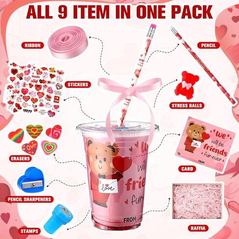 Vesici 323 Pcs Valentine's Day Gifts Bulk Valentines Party Favor Exchange Gift Galentines Supplies with Cup Cards Sticker Pencil Eraser Ruler Stamp (Valentine's Day Style A) in Saudi Arabia