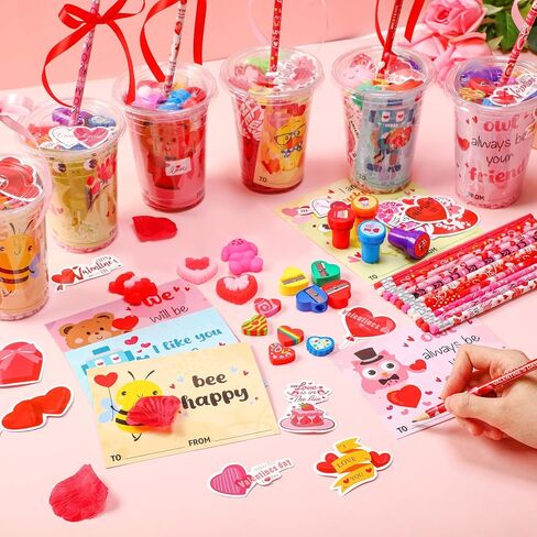 Vesici 323 Pcs Valentine's Day Gifts Bulk Valentines Party Favor Exchange Gift Galentines Supplies with Cup Cards Sticker Pencil Eraser Ruler Stamp (Valentine's Day Style A) in Saudi Arabia
