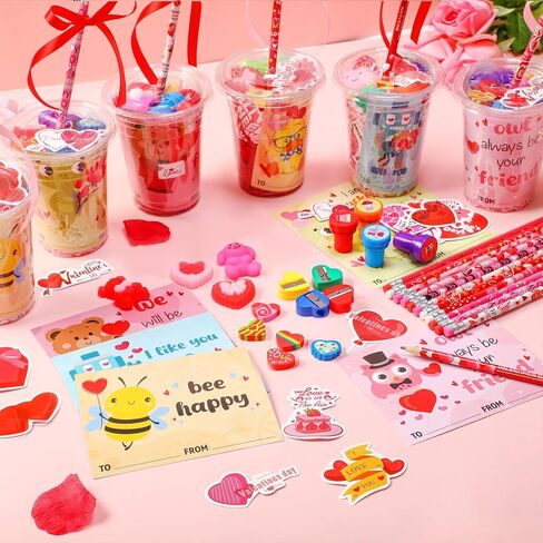 Vesici 323 Pcs Valentine's Day Gifts Bulk Valentines Party Favor Exchange Gift Galentines Supplies with Cup Cards Sticker Pencil Eraser Ruler Stamp (Valentine's Day Style A) in Saudi Arabia