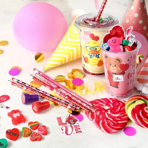 Vesici 323 Pcs Valentine's Day Gifts Bulk Valentines Party Favor Exchange Gift Galentines Supplies with Cup Cards Sticker Pencil Eraser Ruler Stamp (Valentine's Day Style A) in Saudi Arabia