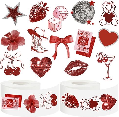 Whaline 1000 Pcs Valentine's Day Stickers Roll Vintage Red Heart Cherry Cool Aesthetic Downtown Girl Self Adhesive Decals for Wedding Anniversary Party DIY Craft Scrapbook Decor, 2 Rolls, 14 Design in Saudi Arabia