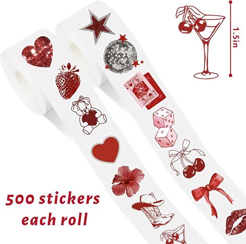 Whaline 1000 Pcs Valentine's Day Stickers Roll Vintage Red Heart Cherry Cool Aesthetic Downtown Girl Self Adhesive Decals for Wedding Anniversary Party DIY Craft Scrapbook Decor, 2 Rolls, 14 Design in Saudi Arabia