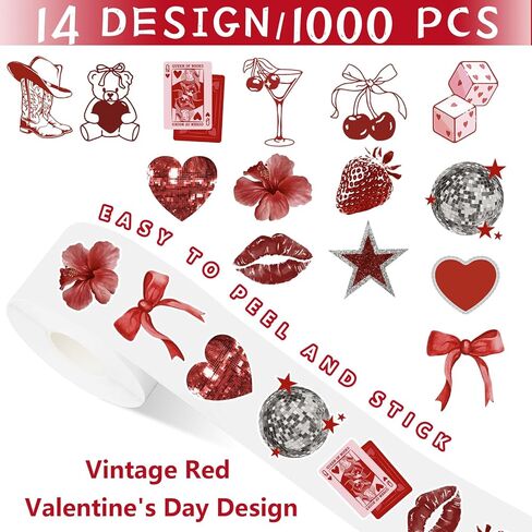 Whaline 1000 Pcs Valentine's Day Stickers Roll Vintage Red Heart Cherry Cool Aesthetic Downtown Girl Self Adhesive Decals for Wedding Anniversary Party DIY Craft Scrapbook Decor, 2 Rolls, 14 Design in Saudi Arabia