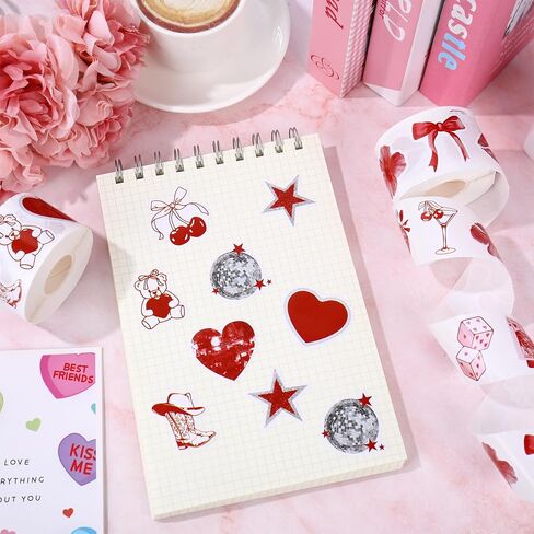 Whaline 1000 Pcs Valentine's Day Stickers Roll Vintage Red Heart Cherry Cool Aesthetic Downtown Girl Self Adhesive Decals for Wedding Anniversary Party DIY Craft Scrapbook Decor, 2 Rolls, 14 Design in Saudi Arabia