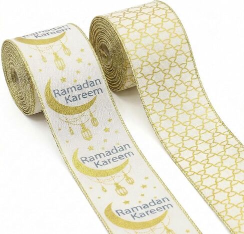 2 Rolls Eid Mubarak Ribbons for Crafting, 2.5" ×10 Yards White Golden Wired Edge Ribbon Ramadan Moon Craft Ribbons for Gift Wrapping Eid-ul-fitr Decorations Supplies in Saudi Arabia