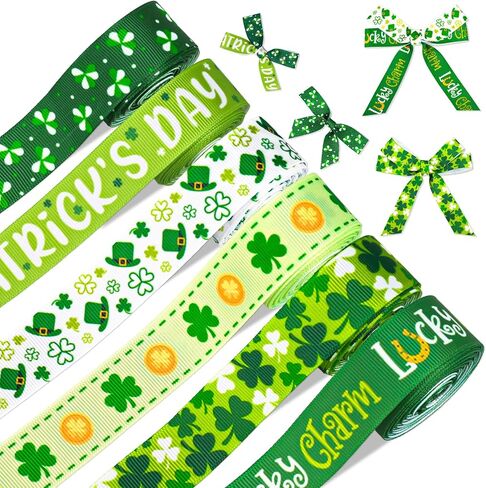 Whaline 6 Rolls St. Patrick's Day Grosgrain Ribbons 30 Yards Green Shamrock Clover Lucky Charm Fabric Craft Ribbon for Wreath Bow Gift Wrap Party Decor, 7/8" in Saudi Arabia