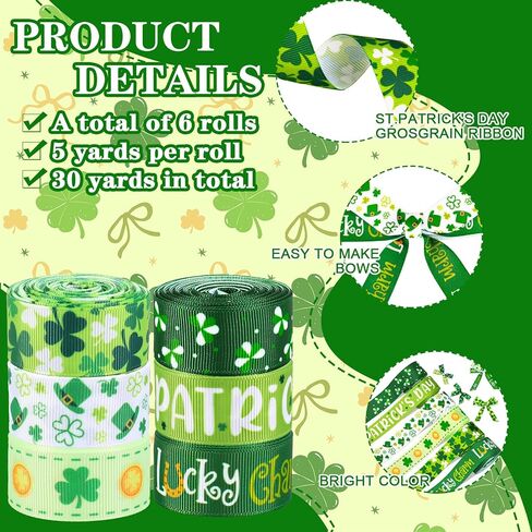 Whaline 6 Rolls St. Patrick's Day Grosgrain Ribbons 30 Yards Green Shamrock Clover Lucky Charm Fabric Craft Ribbon for Wreath Bow Gift Wrap Party Decor, 7/8" in Saudi Arabia