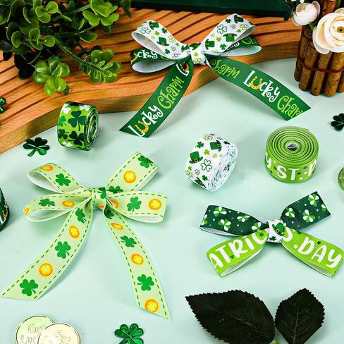 Whaline 6 Rolls St. Patrick's Day Grosgrain Ribbons 30 Yards Green Shamrock Clover Lucky Charm Fabric Craft Ribbon for Wreath Bow Gift Wrap Party Decor, 7/8" in Saudi Arabia